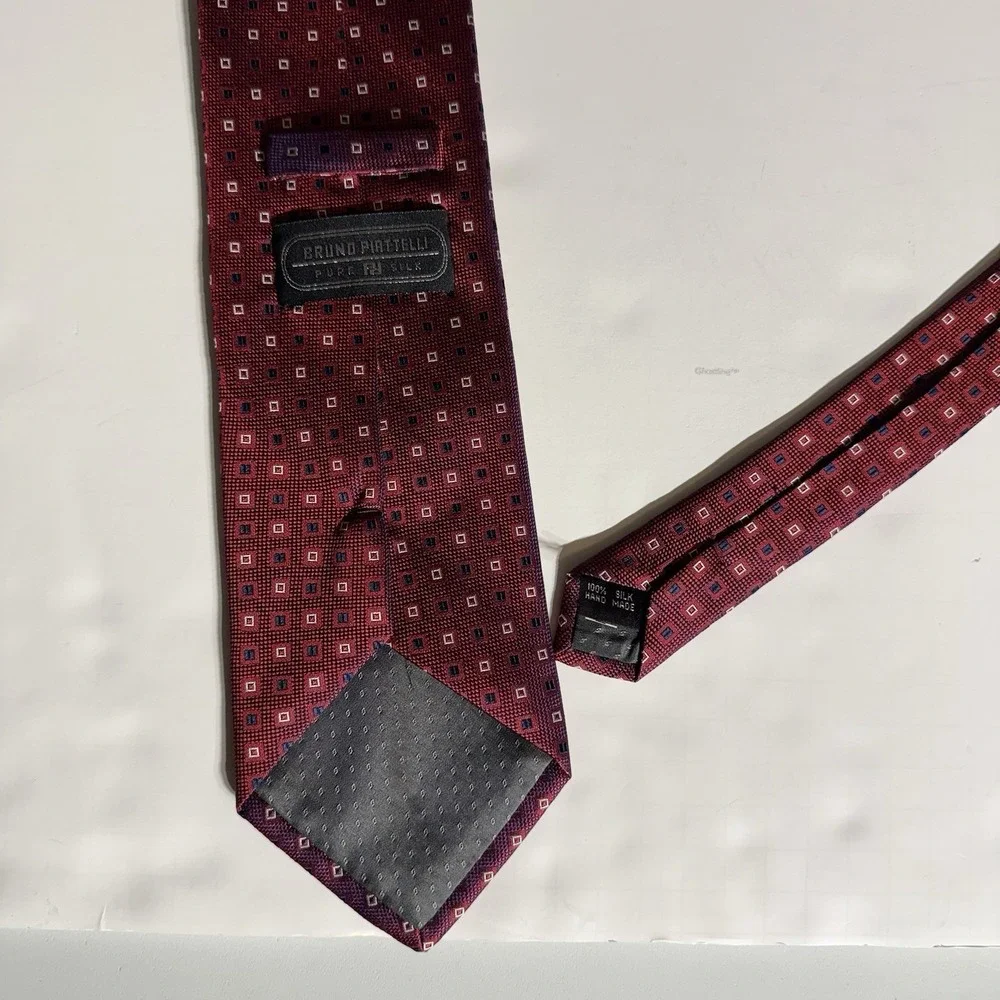 Bruno Piattelli Men's 100% Silk Tie Classic Length‎ Red W/blue& White Squares